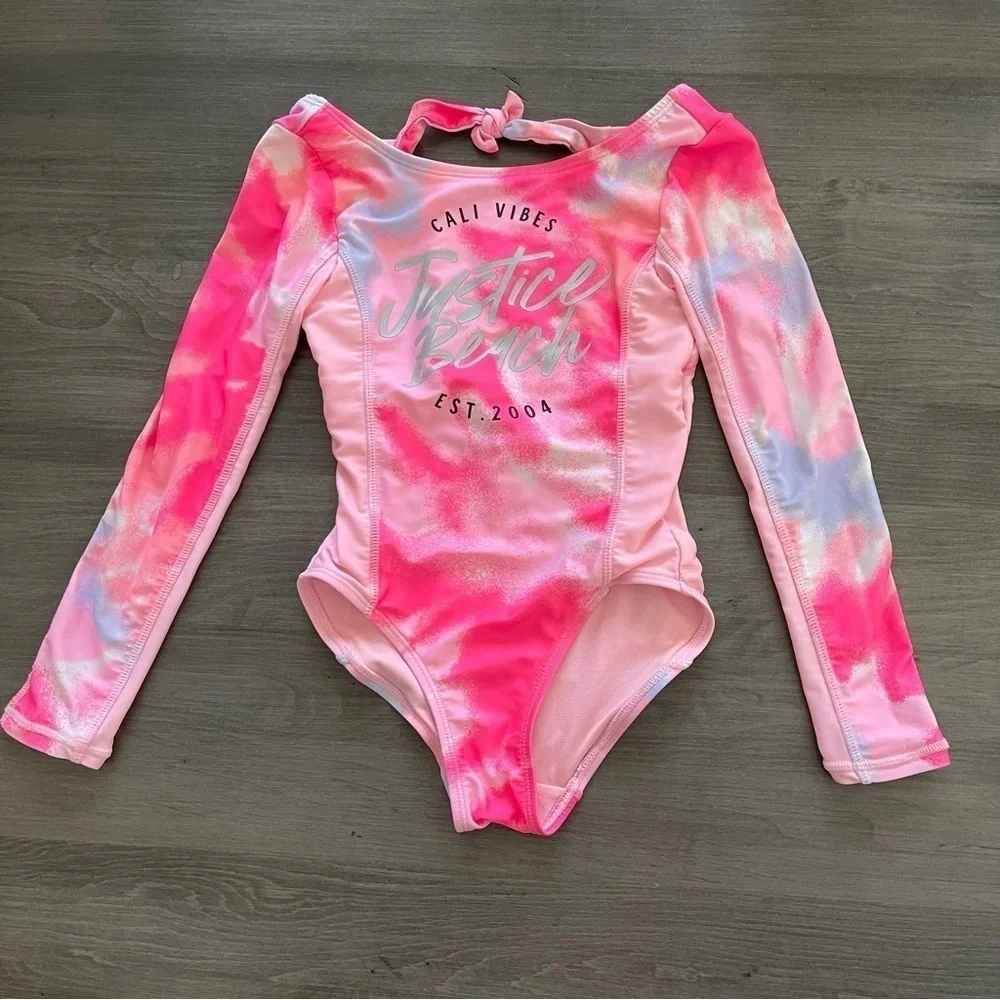 Justice girls one piece long sleeve rashguard swimsuit size XS 5/6